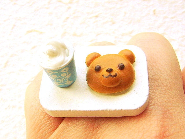 Kawaii Ring Milkshake Bear Bread Miniature Food Jewelry