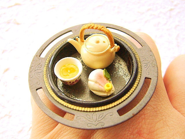 Traditional Japanese Food Ring Wagashi Green Tea Miniature Food Jewelry