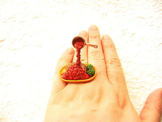 Floating Ring Miniature Food Jewelry Hamburger Steak Broccoli