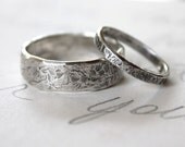 rustic wedding band ring set . custom recycled silver wedding rings . engraved inscription . river rock wedding rings