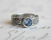 recycled silver and aqua wedding band . sim aquamarine engagement ring . illuminate vine leaf ring . textured silver band . made to order