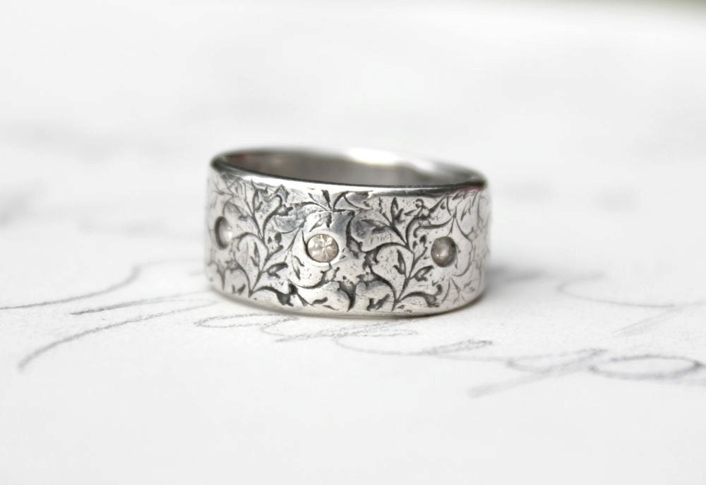 sapphire eternity wedding band . wide recycled silver ring . ethical eco-friendly leaf band . secret message