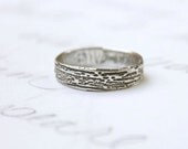 mens woodgrain wedding ring band . tree bark faux bois ring . recycled silver . engraved with personalized secret message . free shipping