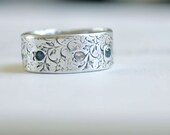 wide silver wedding ring band with seven sapphires. eco friendly mothers ring . vine eternity band with faceted white sapphires