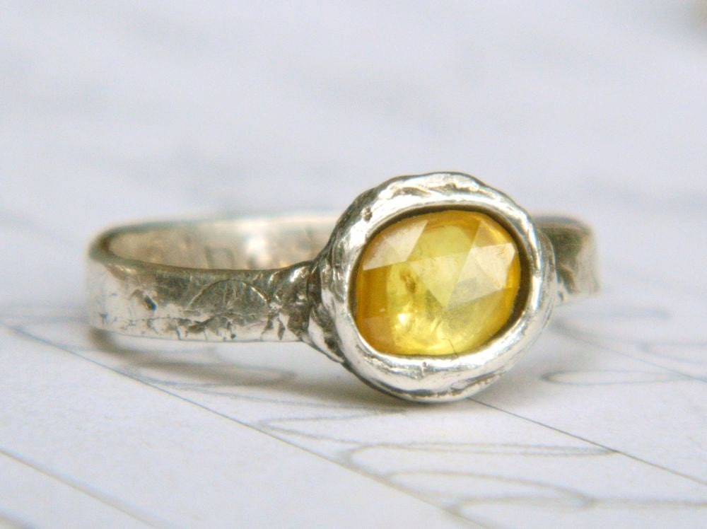 yellow sapphire engagement ring . rose cut sapphire alternative engagement ring . rustic ring . engraved illuminate ring made to order