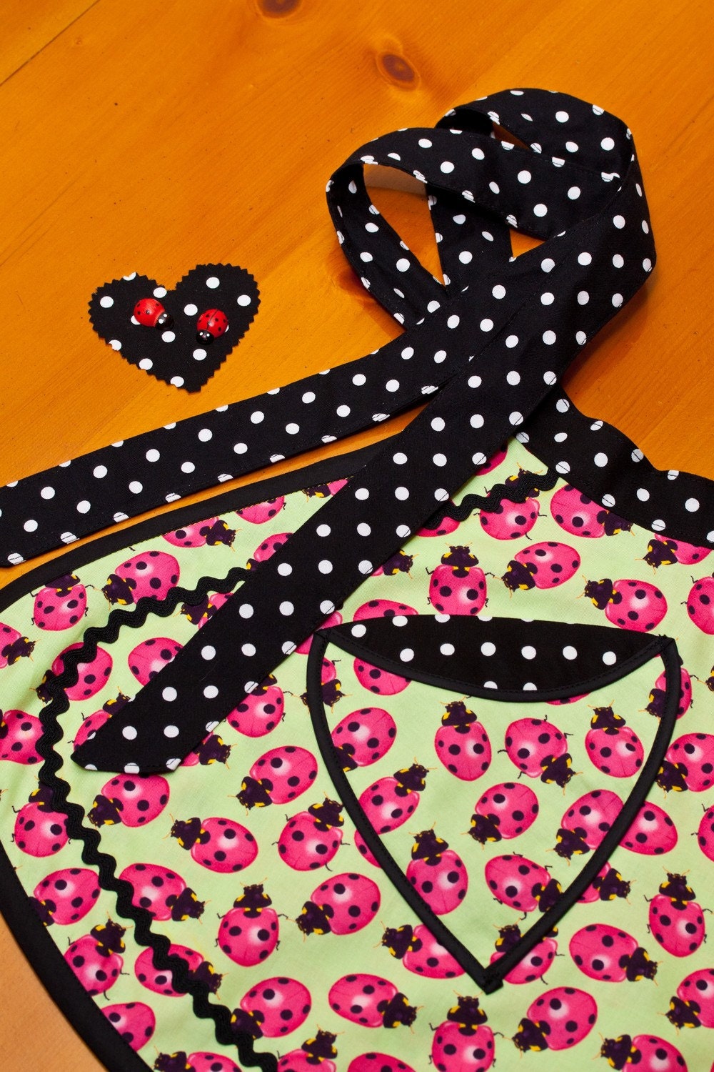SALE Pink Ladybugs on Mint Green Flirty Hostess Apron