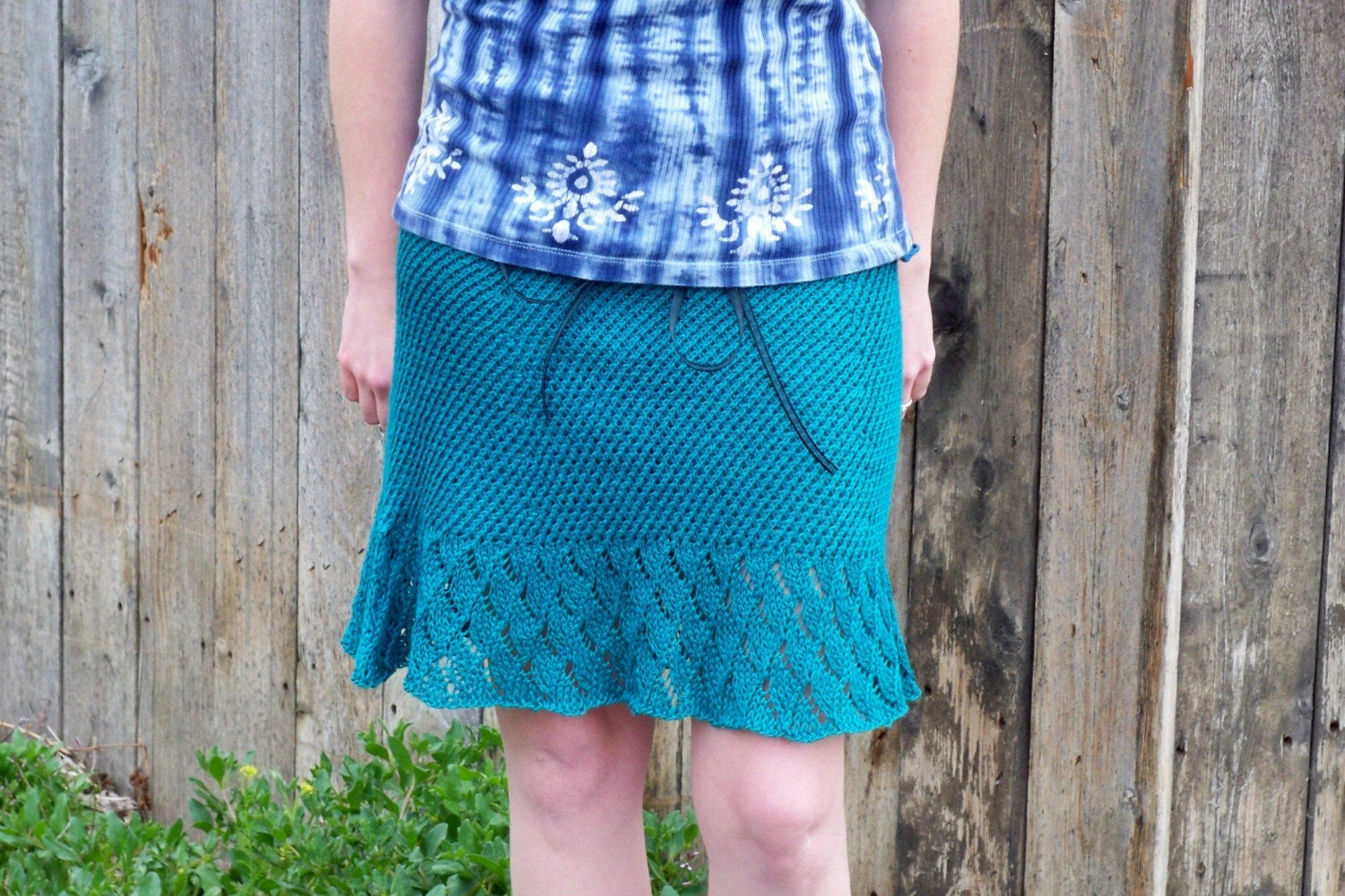Women's Knit Skirt With Twist Stitches And Lace With Black Ribbon Drawstring In Peacock Green SALE