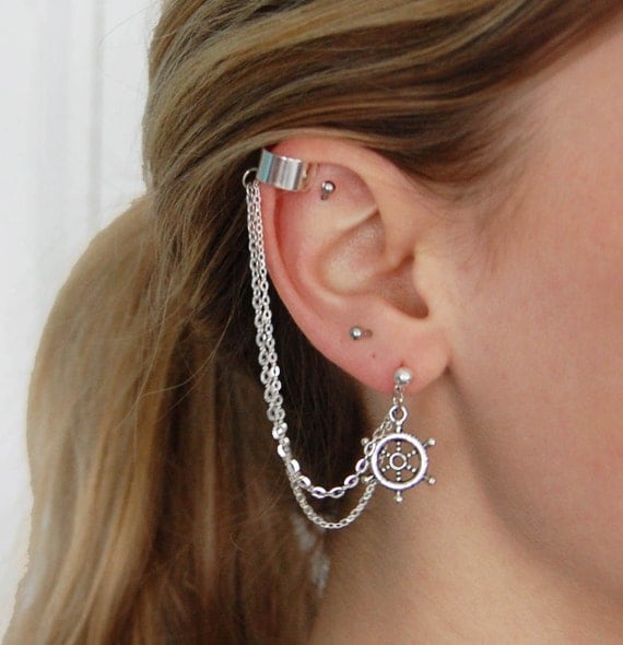 Silver Ship Wheel Earring and Ear Cuff