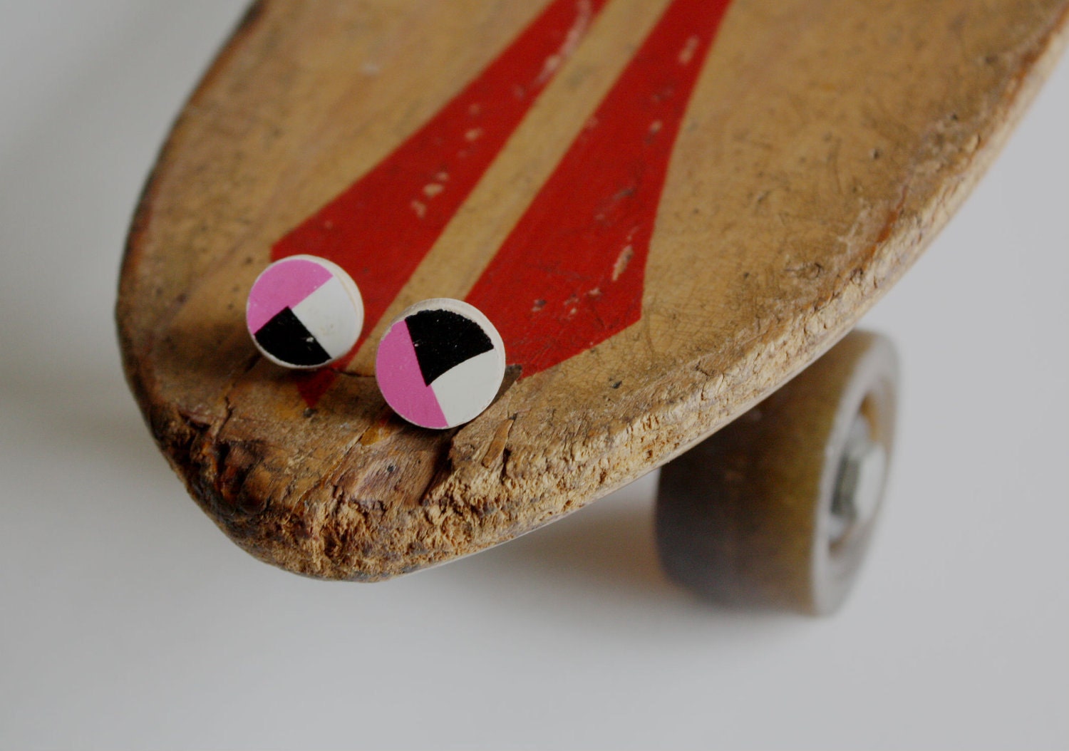 Recycled Skateboard Large Stud Earrings-Bright Pink