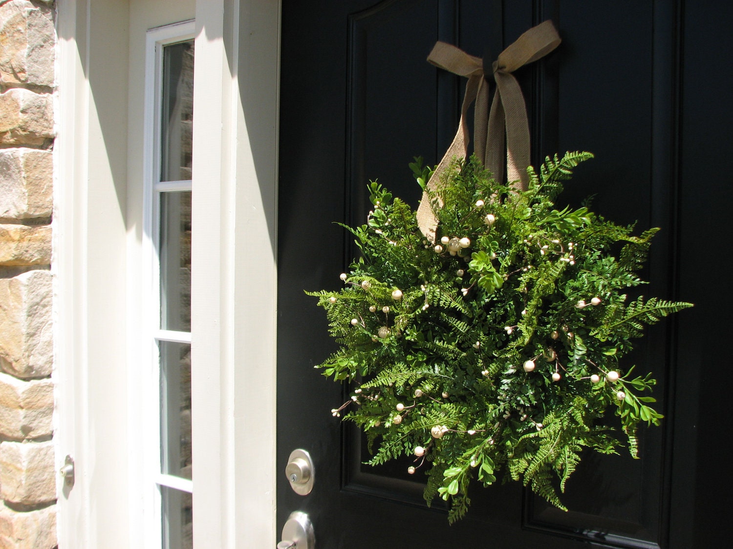 Fern Wreaths, Boxwood and Burlap Bow for Year Round Decoration