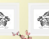 2 Bunnies Black and White prints 13 x 19  facing alternate directions. Mixed Media Prints. Contemporary and Asian.