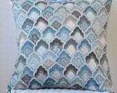 Blue Tan Ivory Paul Kaufmann Print 20x20 Pillow Cover Decorative Pillow Cushion Cover fan feather print