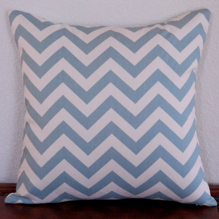 Decorative Pillow Cover Zig Zag Blue and Natural 18x18 Decor Fabric Invisible Zipper