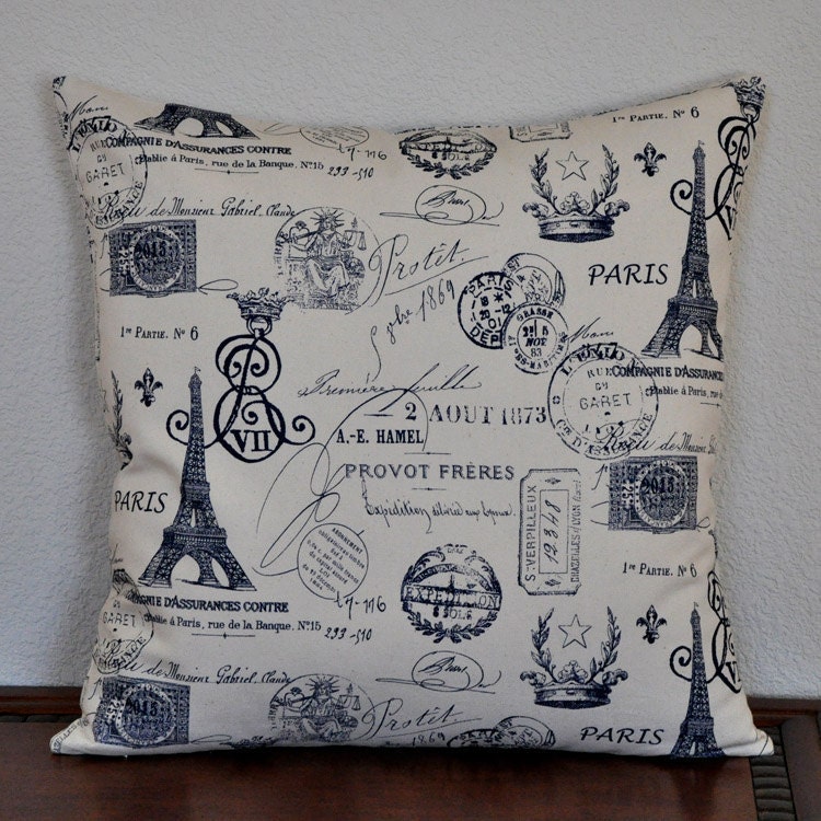 Decorative Pillow: French Stamps and Script in Navy on Natural Background. 20x20 Decorative Pillow Cover