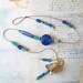 Beaded Garden Chime: Windchime with Cobalt Blue, Teal Green & Turquoise Glass Chevron Beads. Brass Bell
