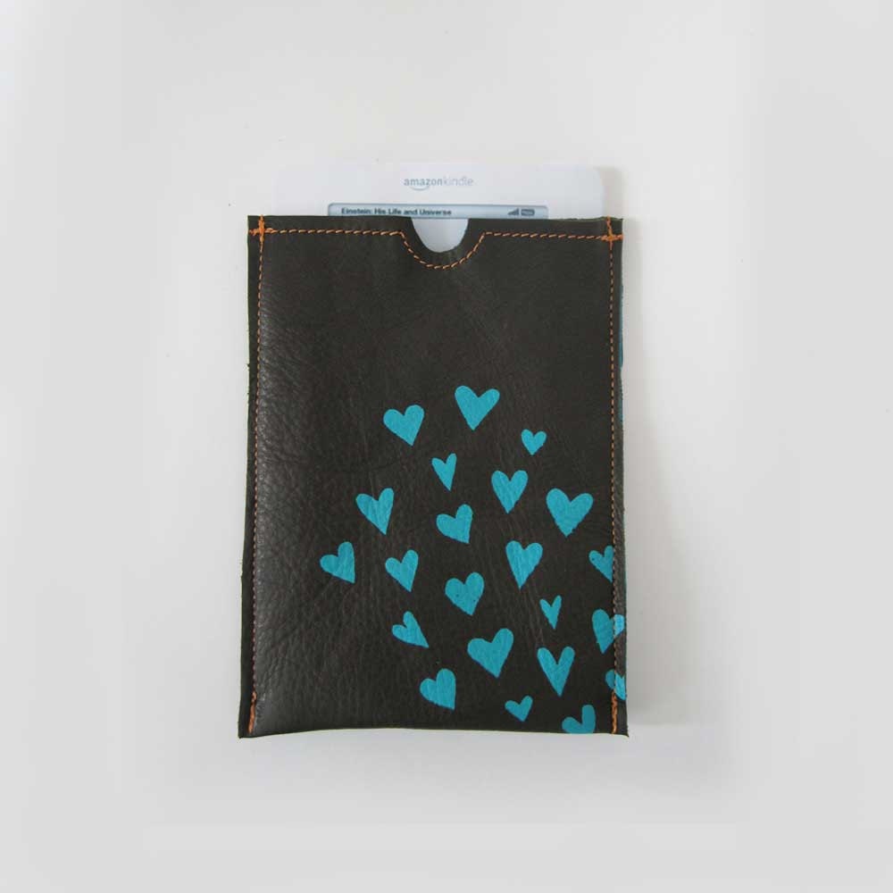 gadget accessories - kindle or iPad cozy - grey leather ipad cover with aqua hearts - customizable - made to order - stitchandswash