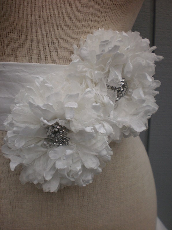 Bridal Sash, belt  With Two Unique Design Flowers white color
