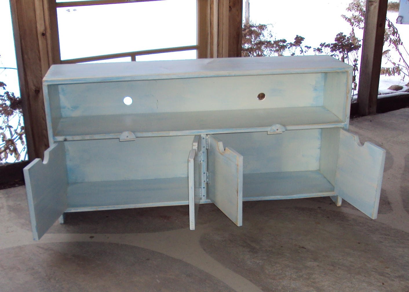 TV Cabinet Storage Bench 48 Inch wide SHABBY CHIC  Plazma big screen Entertainment Center  White over Robins Egg Blue Primitive caribbean