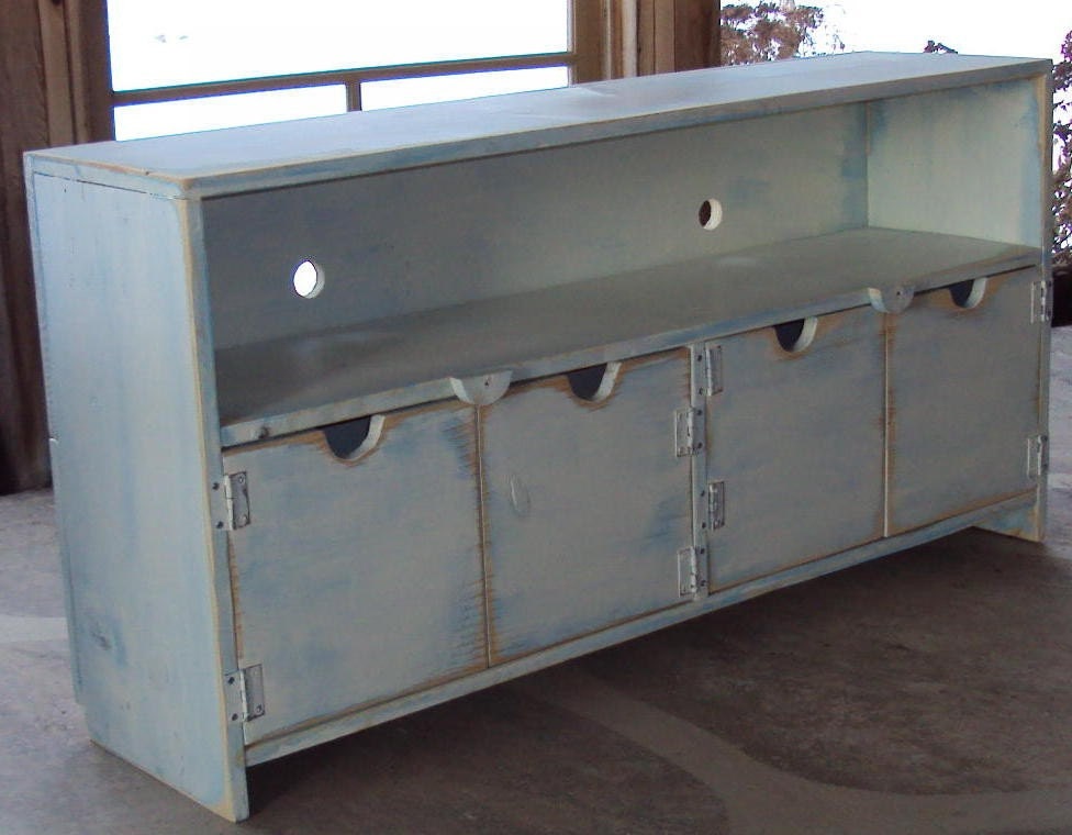 TV Cabinet Storage Bench 48 Inch wide SHABBY CHIC  Plazma big screen Entertainment Center  White over Robins Egg Blue Primitive caribbean