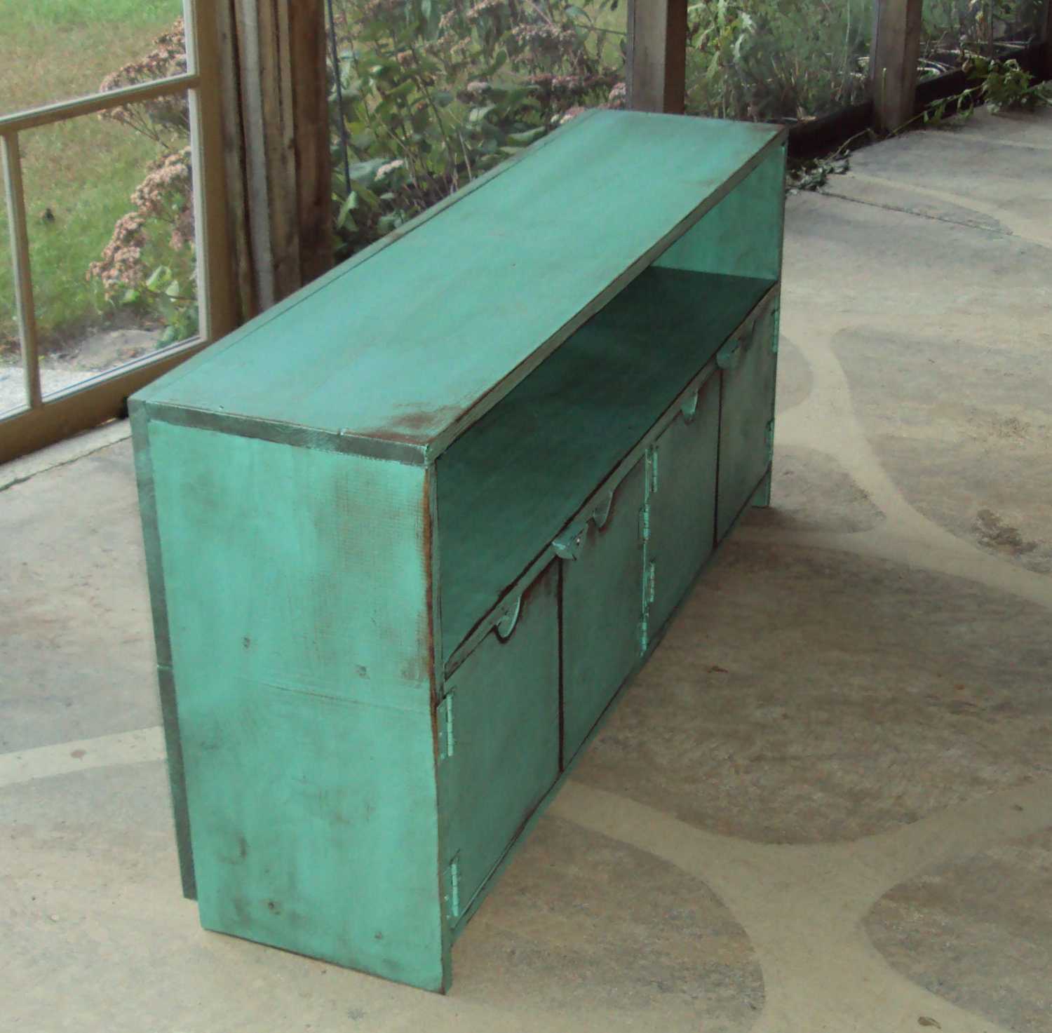 TV Cabinet Storage bench 48 Inch wide SHABBY CHIC Entertainment Center Heavily distressed Turquoise Primitive Wood Plazma Big Screen T V