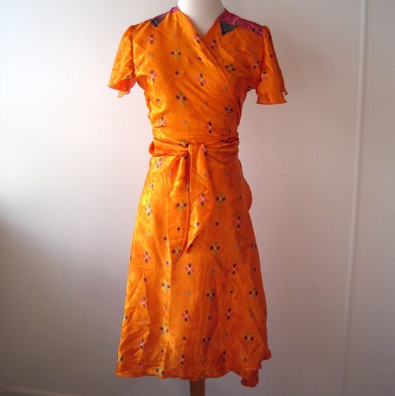 Bright Orange Wrap Dress Made from Vintage Sari by littlemonkeys