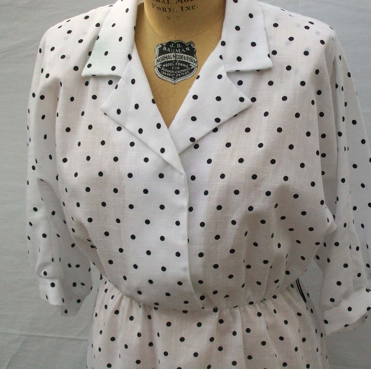 Vintage white and black polka dot linen look dress size medium 80s does the 40s