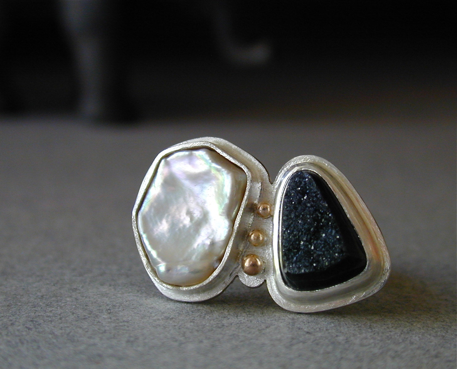 Tuxedo Ring, Drusy Psilomelane and Keshi Pearl in Sterling with 14kt Gold