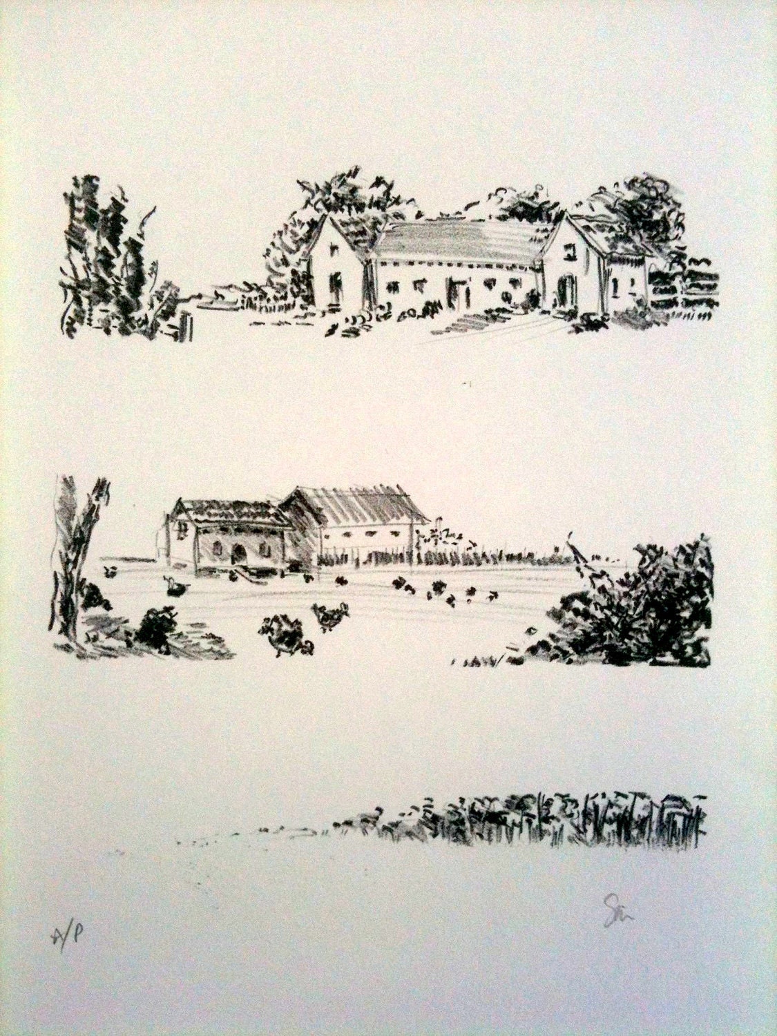 Lithograph - Three  Farm Landscapes
