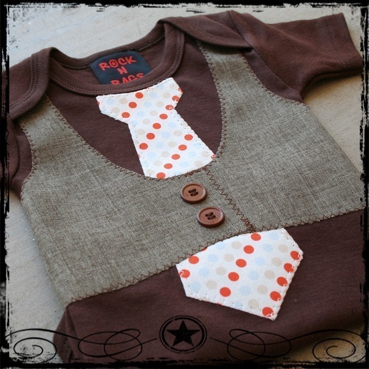 0-3M -- Brown Vest -- Blue, Orange and Tan Dot Tie -- Brown Bodysuit