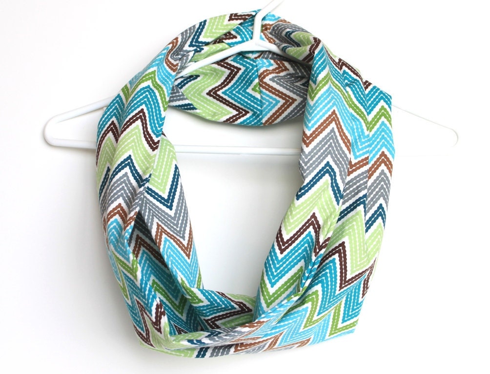 Tribal Infinity Scarf. Cowl Scarf. Organic Cotton. Chevron Pattern. Bright Teal, Aqua, Lime Geen, and Brown. Summer Blue.