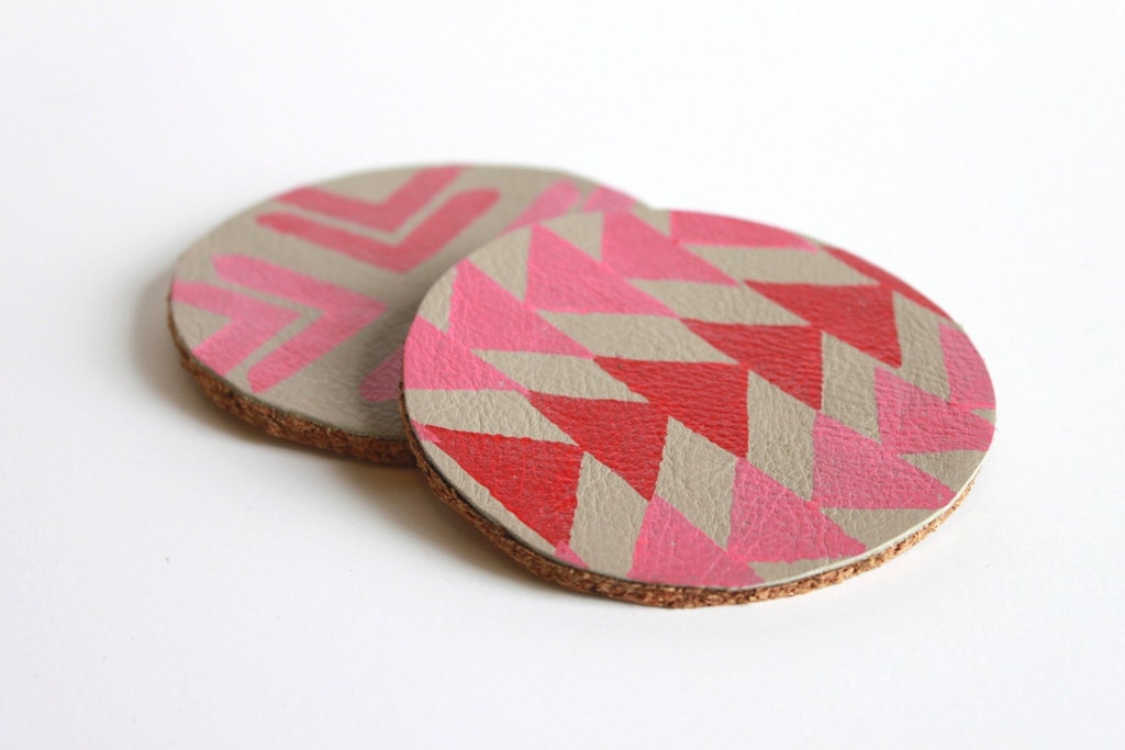 Leather and Cork Hand Stamped Coasters. Tribal Pattern in Pink and Red. Mug Coaster. Home Decor. Shimmer.