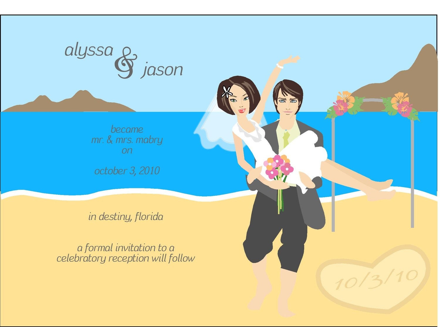 Exclusive FACES COLLECTION Blue Pink Orange Bride and Groom Beach Wedding Announcement OR Save the Date