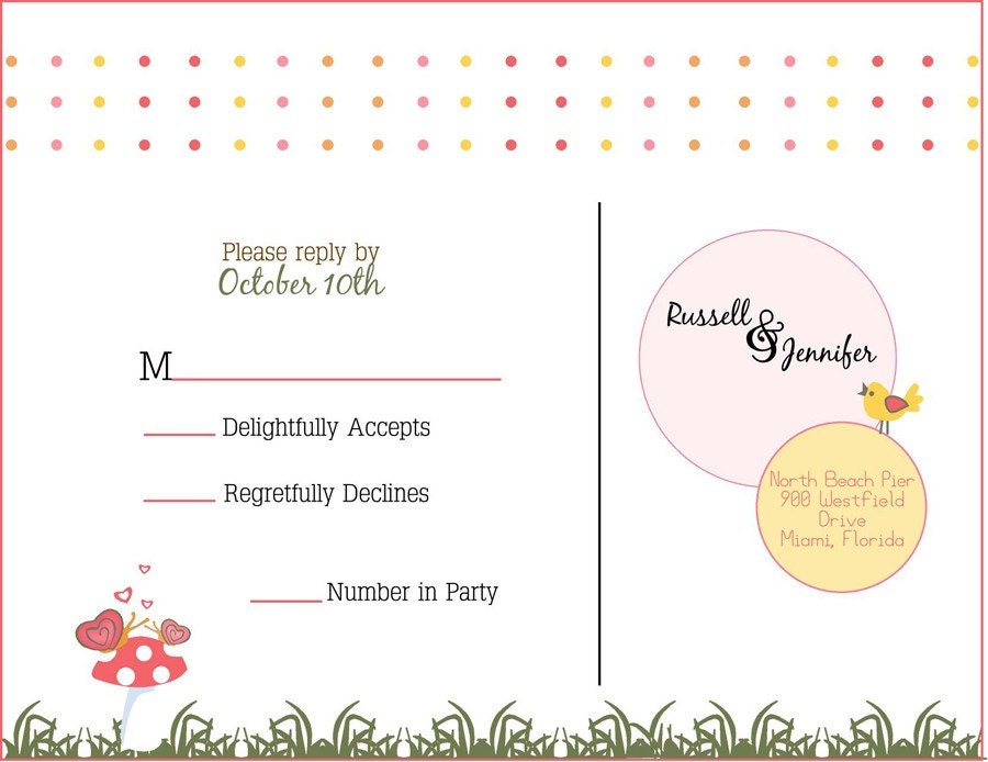 Fun NonTraditional Pink Watermelon Yellow Orange Mushroom Woodland Bird Snail Bride and Groom Couple Wedding Invitation