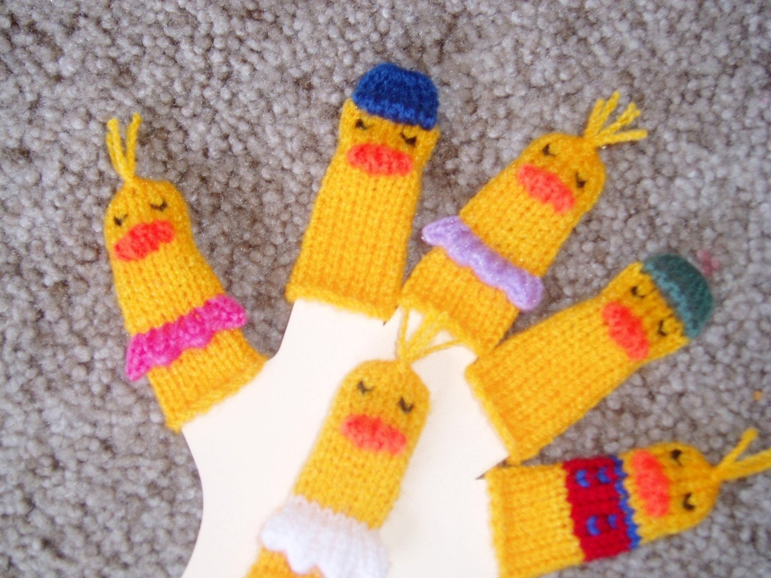 Little Ducks Finger Puppet Set.  (Includes Six Duck Finger Puppets - One Mama, Five Kids.)  We can create custom orders.