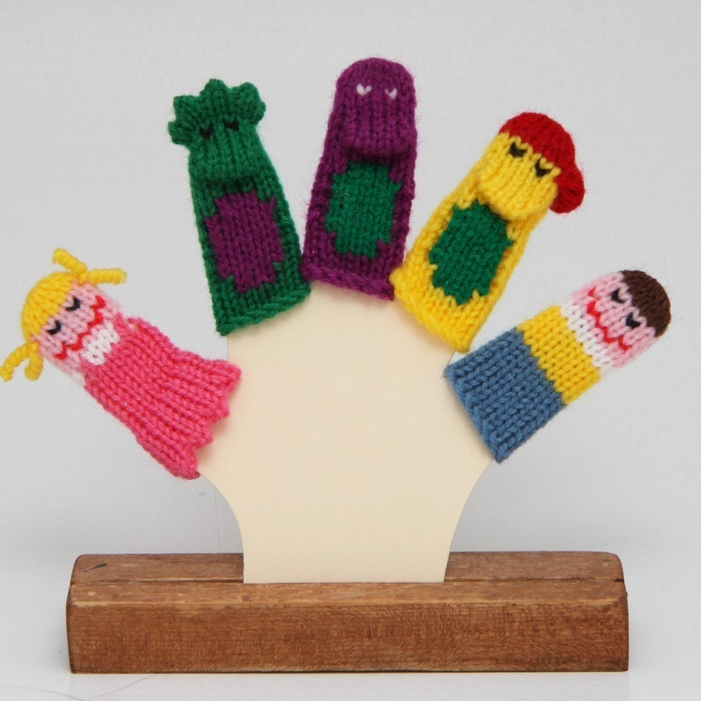 Purple Dinosaur and Friends Finger Puppet Set.  (Includes 3 Dinosaurs, 1 Boy, and 1 Girl.)