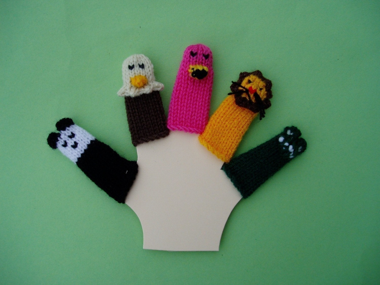 More Zoo Animals Finger Puppet Set (Includes Panda, Bald Eagle, Flamingo, Lion, and Alligator.) We can create custom orders.