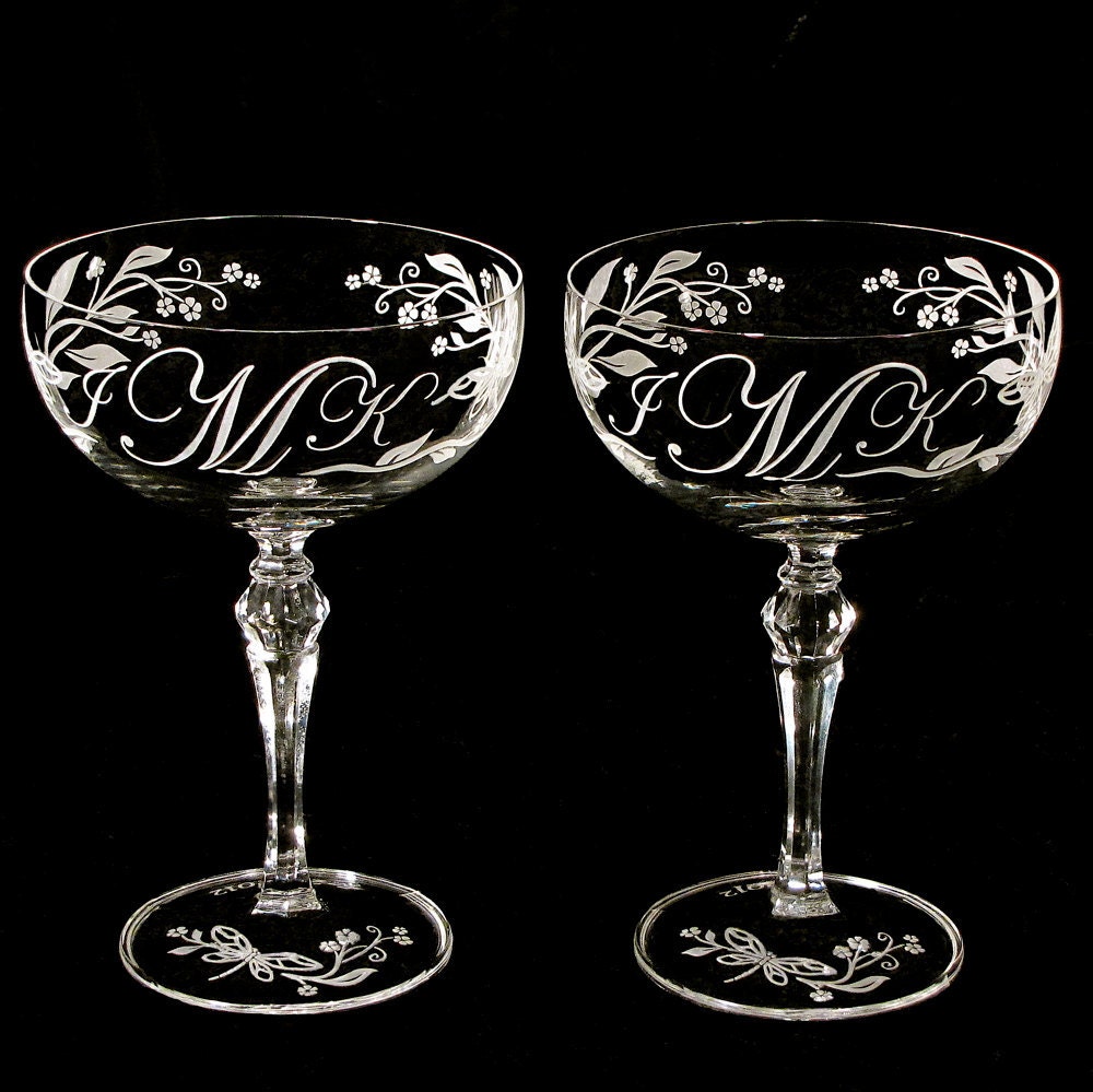 Limited Edition Dragonfly Wedding Champagne Saucers, Monogrammed Engraved Crystal