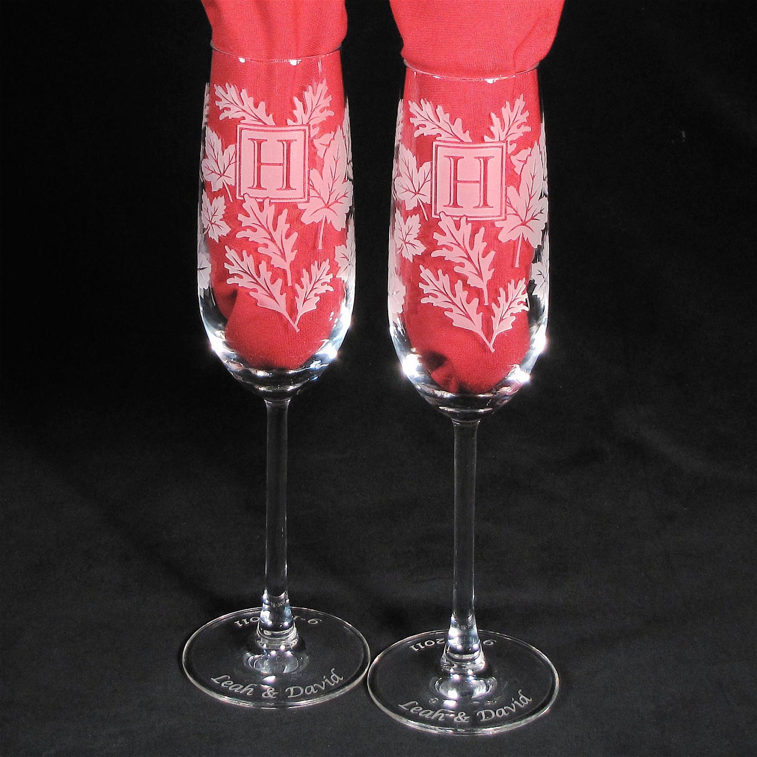 Monogrammed Champagne Flutes, Fall Wedding, Engraved Personalized