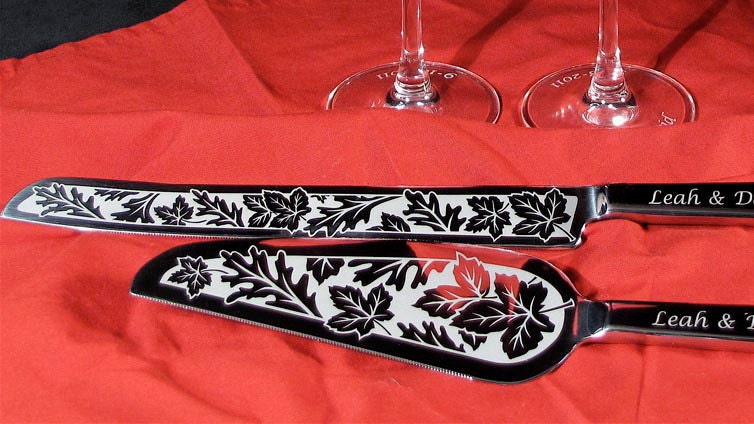 Autumn Wedding Cake Server and Knife Set, Personalized Fall Wedding Decor