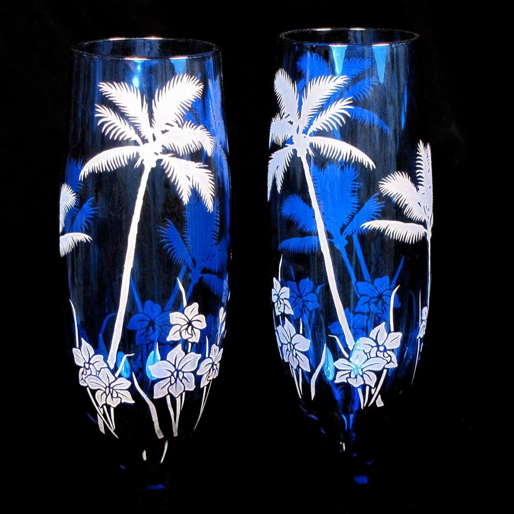 Personalized Champagne Flutes, Cobalt Blue Etched Glass, Beach Wedding