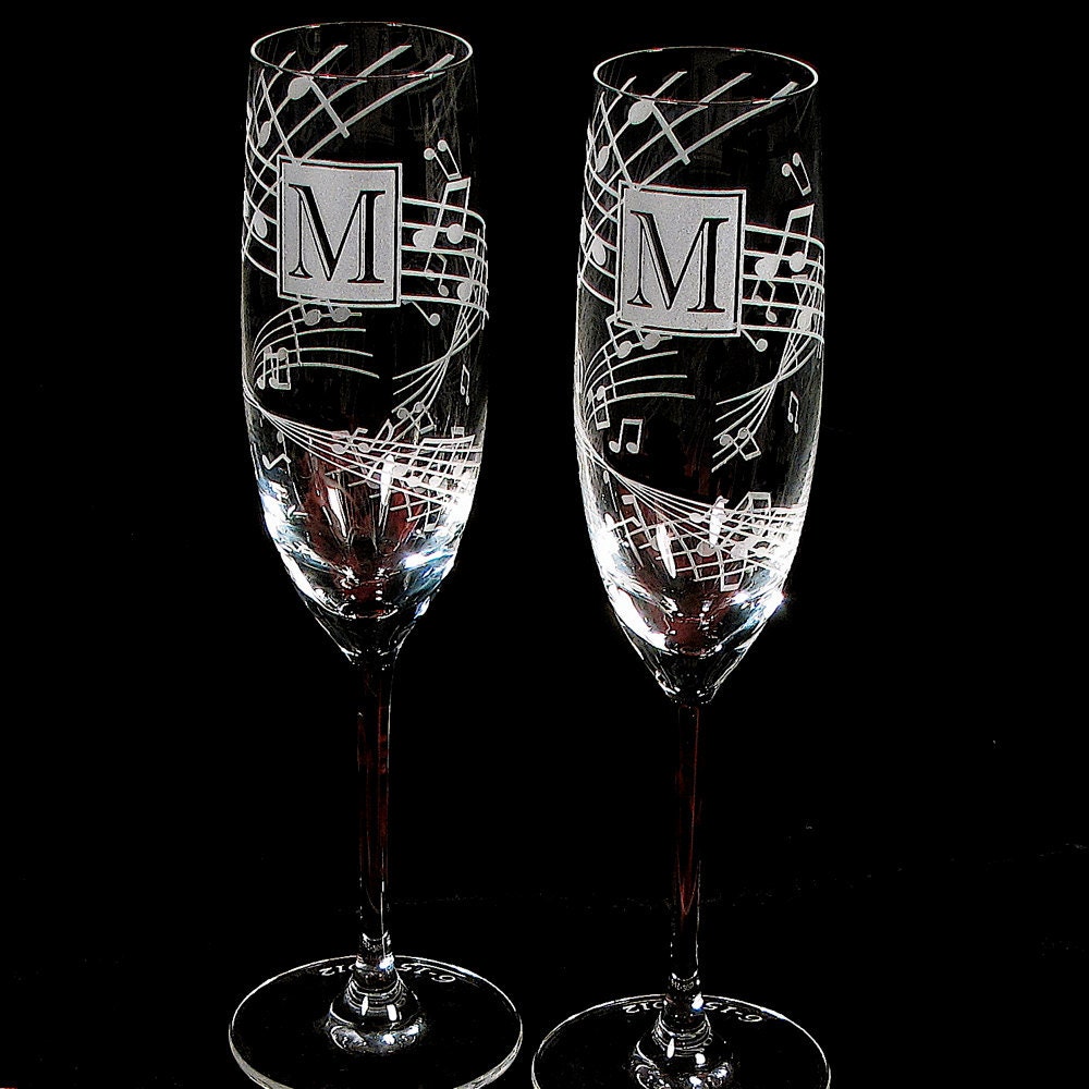 Music Wedding Toasting Flutes, Fine Crystal, Engraved and Personalized