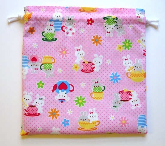 Pink Bunny Tea Party Knitting / Crafting / Gift Bag - Memorial Day Clearance