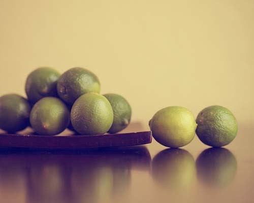Little Limes - Fine Art Food Photograph - 5x7 - key lime golden yellow pastel vintage hues tones citrus sage moss autumn fall harvest