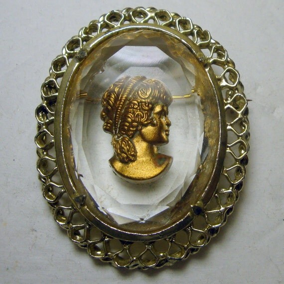 Glass Clear Cameo Pin Brooch Large Classical By Vintagestarrbeads