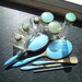 Vintage Vanity Dresser Set and Travel jars..Blue Aqua Enamel GUILLOCHE Finish and Original Leather Travel Case Bag..1930s..11 Vanity Items and the Leather Case