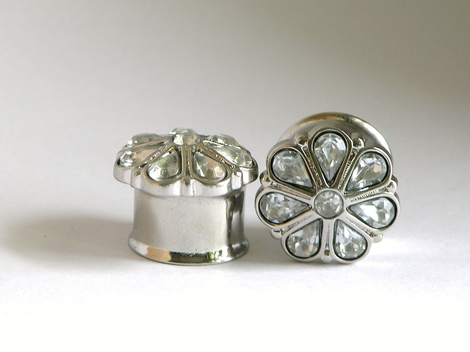 Silver Crystal Flower Plugs 9/16" 5/8" 3/4" 7/8" 1" 14mm 16mm 19mm 22mm 25mm