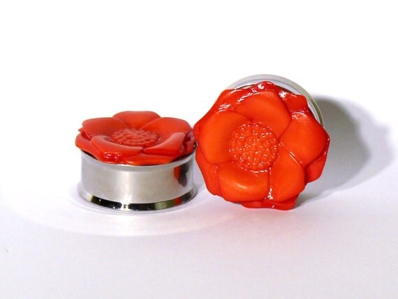 Bright Orange Flower Plugs 1 Inch 25mm by arksendeavors on Etsy