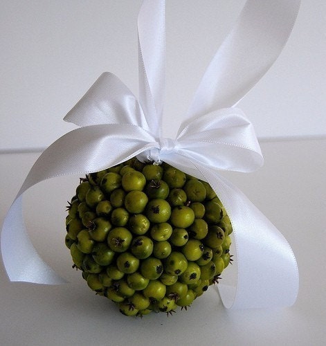 Green Berry Flower Girl Pomander - White Ribbon