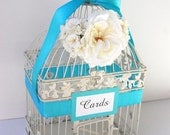 LARGE Custom Bird Cage Wedding Card Holder - Tiffany Blue And Ivory White (Customizable To Match Your Wedding Colors)