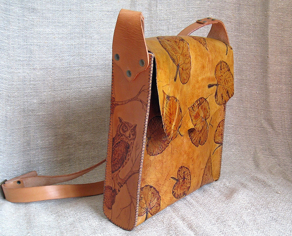 Genuine leather messenger bag with burned tree and owl images